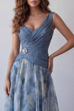 Robe longue formelle longue à fleurs en chiffon en mousseline poussiéreuse bleu A