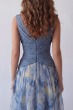 Robe longue formelle longue à fleurs en chiffon en mousseline poussiéreuse bleu A