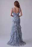 Robe longue formelle fleurie à fleurs en mousseline poussiéreuse en chiffon poussiéreux en mousseline sirène avec volants