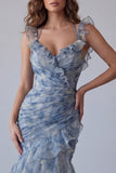 Robe longue formelle fleurie à fleurs en mousseline poussiéreuse en chiffon poussiéreux en mousseline sirène avec volants
