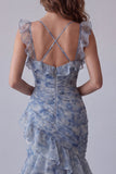 Robe longue formelle fleurie à fleurs en mousseline poussiéreuse en chiffon poussiéreux en mousseline sirène avec volants