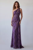 Robe longue de cérémonie en chiffon violet à une épaule sirène avec une écharpe