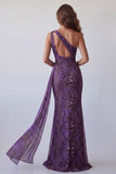Robe longue de cérémonie en chiffon violet à une épaule sirène avec une écharpe