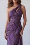 Robe longue de cérémonie en chiffon violet à une épaule sirène avec une écharpe