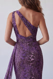 Robe longue de cérémonie en chiffon violet à une épaule sirène avec une écharpe