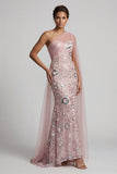 Robe longue mère de la mariée perlée de perles rose scintillante avec cape latérale