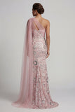 Robe longue mère de la mariée perlée de perles rose scintillante avec cape latérale