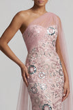 Robe longue mère de la mariée perlée de perles rose scintillante avec cape latérale