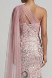 Robe longue mère de la mariée perlée de perles rose scintillante avec cape latérale