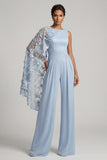 Combinaisons longue Mother of the Bride à col fleuri bleu ciel avec une cape latérale