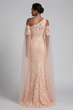 Robe de la mère de la mariée à longues perles perlées en pêche scintillante et cape