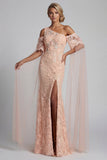 Robe de la mère de la mariée à longues perles perlées en pêche scintillante et cape