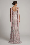 Robe de mère de la mariée en sirène à col bateau perlée et rose scintillant avec nœuds
