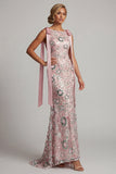 Robe de mère de la mariée en sirène à col bateau perlée et rose scintillant avec nœuds