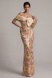 Robe longue de la mère de la mariée à fleurs à épaules dénudées, sirène fleurie, jaune scintillante, avec un nœud
