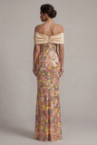 Robe longue de la mère de la mariée à fleurs à épaules dénudées, sirène fleurie, jaune scintillante, avec un nœud