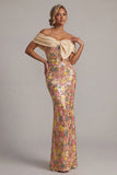 Robe longue de la mère de la mariée à fleurs à épaules dénudées, sirène fleurie, jaune scintillante, avec un nœud