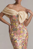 Robe longue de la mère de la mariée à fleurs à épaules dénudées, sirène fleurie, jaune scintillante, avec un nœud
