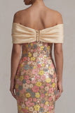Robe longue de la mère de la mariée à fleurs à épaules dénudées, sirène fleurie, jaune scintillante, avec un nœud