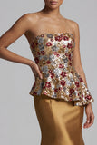 Robe longue de mère de la mariée dorée scintillante scintillante en sirène sans bretelles