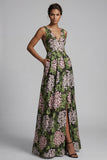 Robe fleurie longue ligne A vert foncé à col en V avec poches