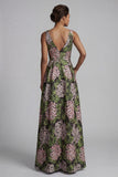 Robe fleurie longue ligne A vert foncé à col en V avec poches