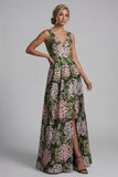 Robe fleurie longue ligne A vert foncé à col en V avec poches