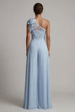 Pantalons de la mère de la mariée à une épaule bleu ciel floraux longs avec un nœud