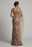 Robe longue de mère de la mariée à paillettes rouges scintillantes à motifs floraux