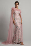 Robe longue de mère de la mariée à perles de sirène rose et scintillante