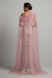Robe longue de mère de la mariée à perles de sirène rose et scintillante