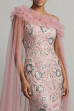 Robe longue de mère de la mariée à perles de sirène rose et scintillante