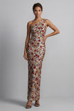 Robe longue de la mère de la mariée rouge scintillante à paillettes florales sur une épaule