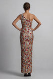 Robe longue de la mère de la mariée rouge scintillante à paillettes florales sur une épaule