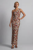 Robe longue de la mère de la mariée rouge scintillante à paillettes florales sur une épaule