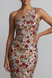Robe longue de la mère de la mariée rouge scintillante à paillettes florales sur une épaule