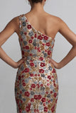 Robe longue de la mère de la mariée rouge scintillante à paillettes florales sur une épaule