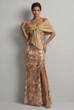 Robe longue de la mère de la mariée en forme de sirène fleurie jaune scintillante avec fente