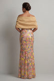 Robe longue de la mère de la mariée en forme de sirène fleurie jaune scintillante avec fente