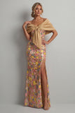 Robe longue de la mère de la mariée en forme de sirène fleurie jaune scintillante avec fente