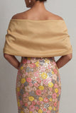 Robe longue de la mère de la mariée en forme de sirène fleurie jaune scintillante avec fente