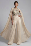 Tenue de mère à col rond en appliqué champagne avec cape
