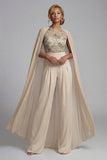 Tenue de mère à col rond en appliqué champagne avec cape