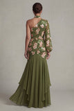 Robe de mère de la mariée en sirène en forme d’eucalyptus à une épaule et manches longues