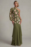 Robe de mère de la mariée en sirène en forme d’eucalyptus à une épaule et manches longues