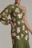 Robe de mère de la mariée en sirène en forme d’eucalyptus à une épaule et manches longues