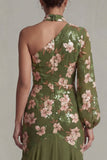 Robe de mère de la mariée en sirène en forme d’eucalyptus à une épaule et manches longues