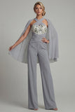 Combinaison à dos nus appliqués gris-bleu avec cape