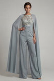 Combinaison Mother of the Bride à col rond appliquée gris-bleu avec cape