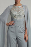 Combinaison Mother of the Bride à col rond appliquée gris-bleu avec cape